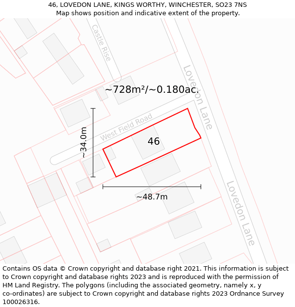 46, LOVEDON LANE, KINGS WORTHY, WINCHESTER, SO23 7NS: Plot and title map