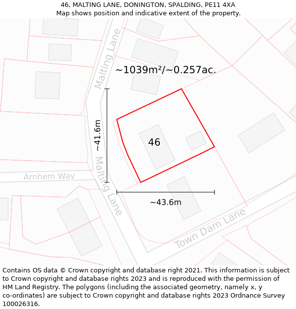 46, MALTING LANE, DONINGTON, SPALDING, PE11 4XA: Plot and title map