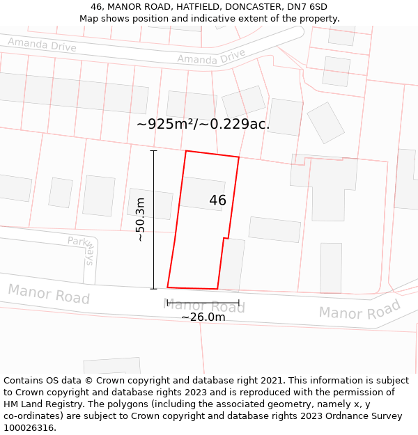 46, MANOR ROAD, HATFIELD, DONCASTER, DN7 6SD: Plot and title map