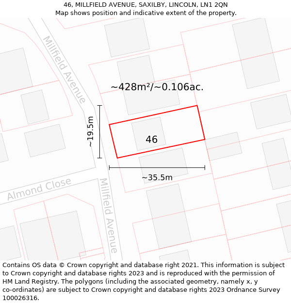 46, MILLFIELD AVENUE, SAXILBY, LINCOLN, LN1 2QN: Plot and title map