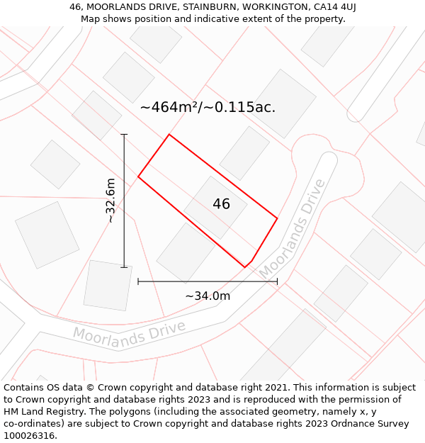 46, MOORLANDS DRIVE, STAINBURN, WORKINGTON, CA14 4UJ: Plot and title map