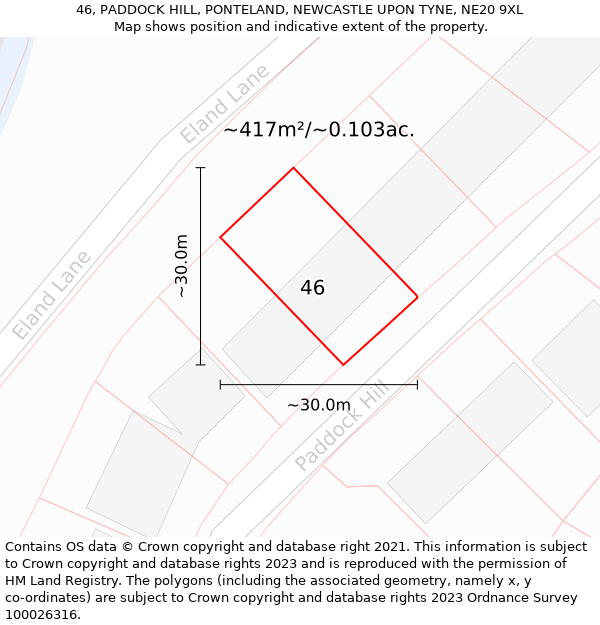 46, PADDOCK HILL, PONTELAND, NEWCASTLE UPON TYNE, NE20 9XL: Plot and title map