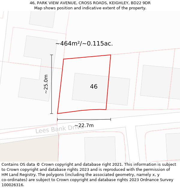 46, PARK VIEW AVENUE, CROSS ROADS, KEIGHLEY, BD22 9DR: Plot and title map