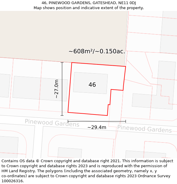 46, PINEWOOD GARDENS, GATESHEAD, NE11 0DJ: Plot and title map