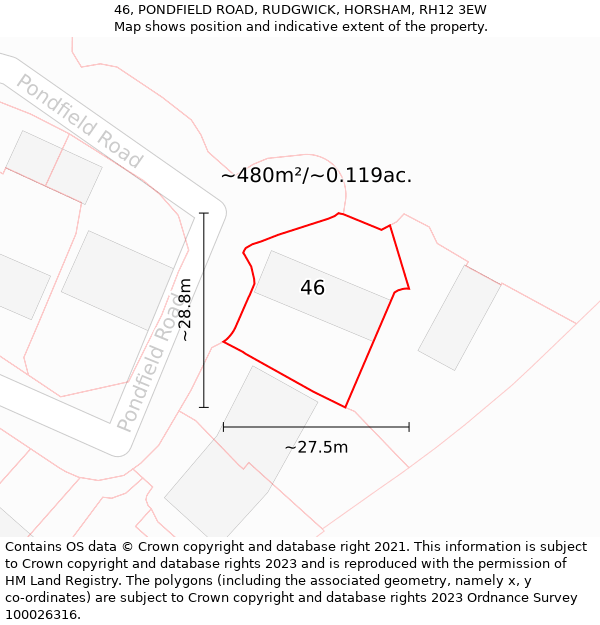 46, PONDFIELD ROAD, RUDGWICK, HORSHAM, RH12 3EW: Plot and title map