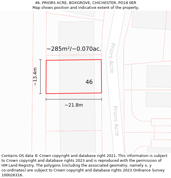 46, PRIORS ACRE, BOXGROVE, CHICHESTER, PO18 0ER: Plot and title map