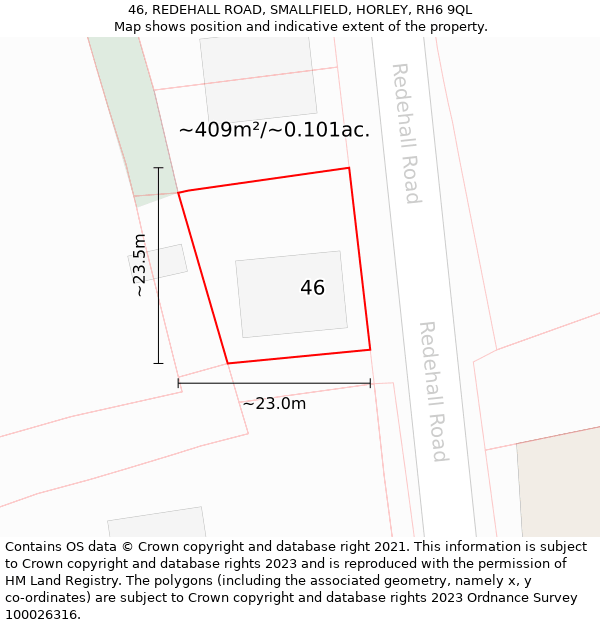 46, REDEHALL ROAD, SMALLFIELD, HORLEY, RH6 9QL: Plot and title map