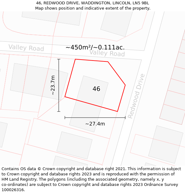 46, REDWOOD DRIVE, WADDINGTON, LINCOLN, LN5 9BL: Plot and title map