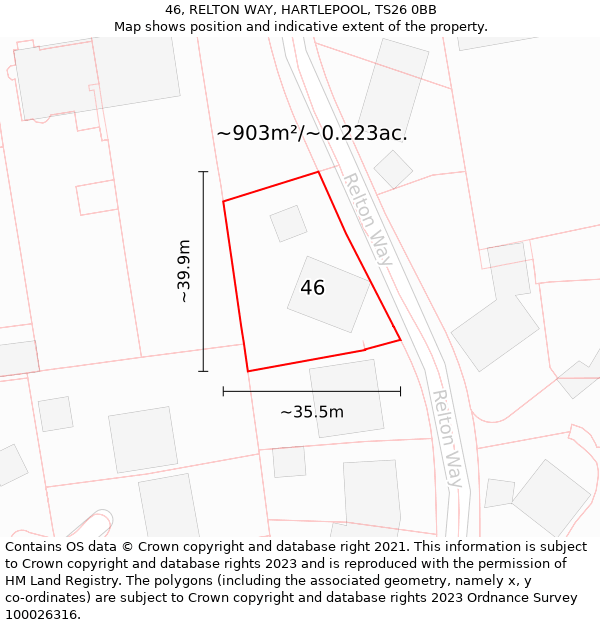 46, RELTON WAY, HARTLEPOOL, TS26 0BB: Plot and title map