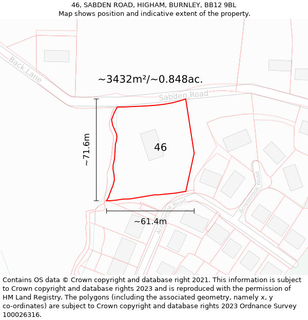 46, SABDEN ROAD, HIGHAM, BURNLEY, BB12 9BL: Plot and title map