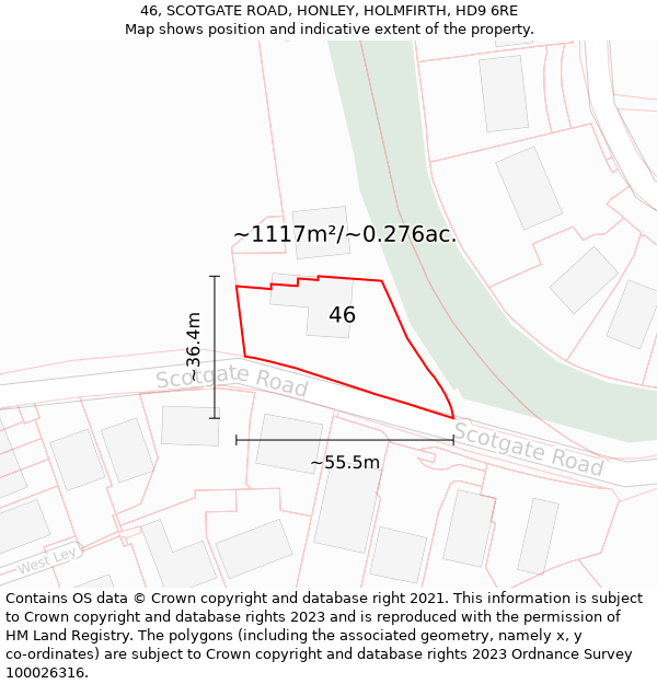 46, SCOTGATE ROAD, HONLEY, HOLMFIRTH, HD9 6RE: Plot and title map