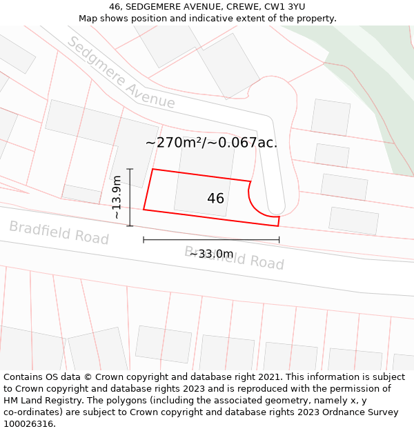 46, SEDGEMERE AVENUE, CREWE, CW1 3YU: Plot and title map