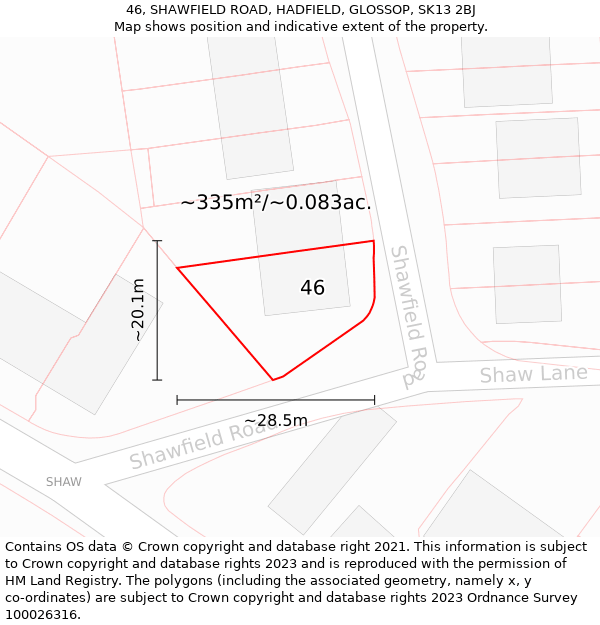 46, SHAWFIELD ROAD, HADFIELD, GLOSSOP, SK13 2BJ: Plot and title map