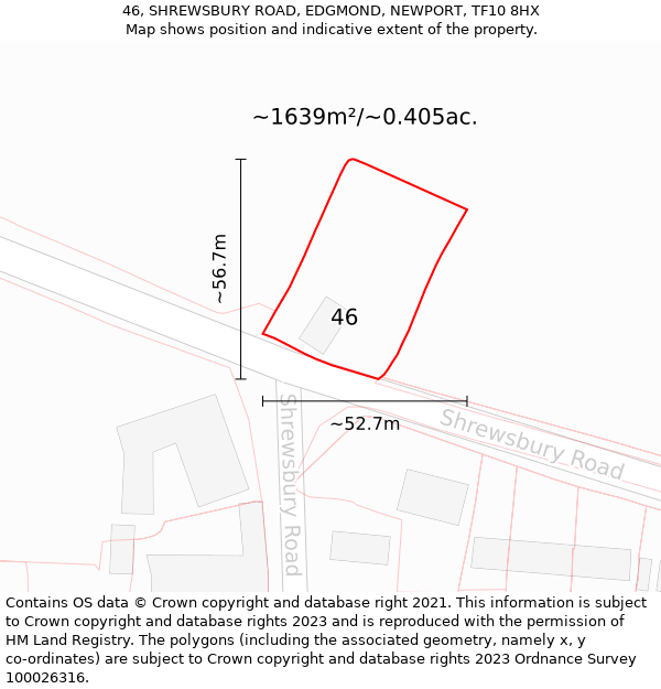 46, SHREWSBURY ROAD, EDGMOND, NEWPORT, TF10 8HX: Plot and title map