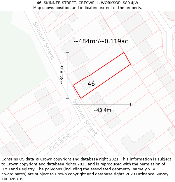 46, SKINNER STREET, CRESWELL, WORKSOP, S80 4JW: Plot and title map