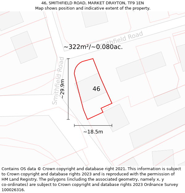 46, SMITHFIELD ROAD, MARKET DRAYTON, TF9 1EN: Plot and title map