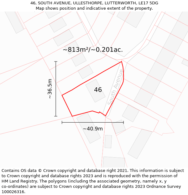 46, SOUTH AVENUE, ULLESTHORPE, LUTTERWORTH, LE17 5DG: Plot and title map