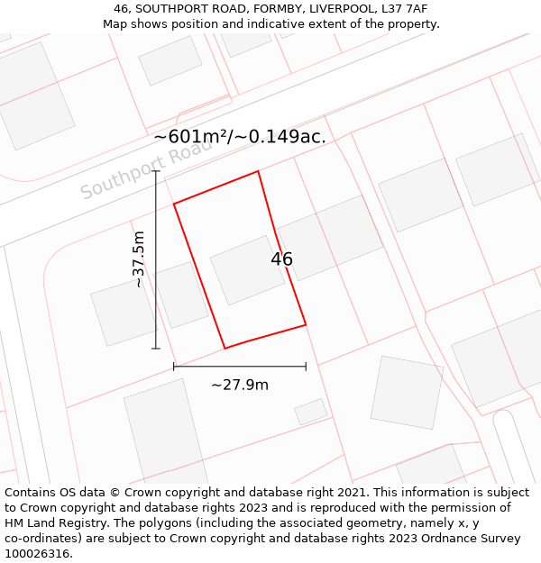 46, SOUTHPORT ROAD, FORMBY, LIVERPOOL, L37 7AF: Plot and title map