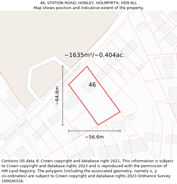 46, STATION ROAD, HONLEY, HOLMFIRTH, HD9 6LL: Plot and title map