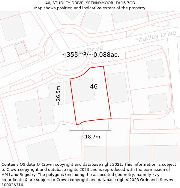 46, STUDLEY DRIVE, SPENNYMOOR, DL16 7GB: Plot and title map