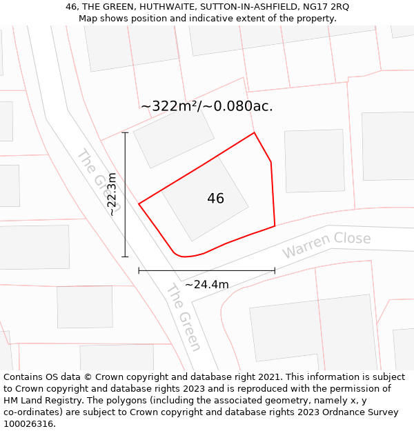 46, THE GREEN, HUTHWAITE, SUTTON-IN-ASHFIELD, NG17 2RQ: Plot and title map