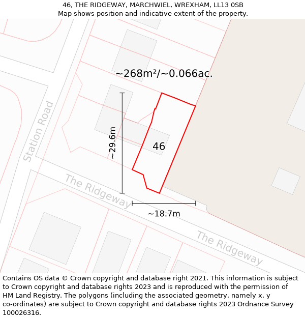 46, THE RIDGEWAY, MARCHWIEL, WREXHAM, LL13 0SB: Plot and title map