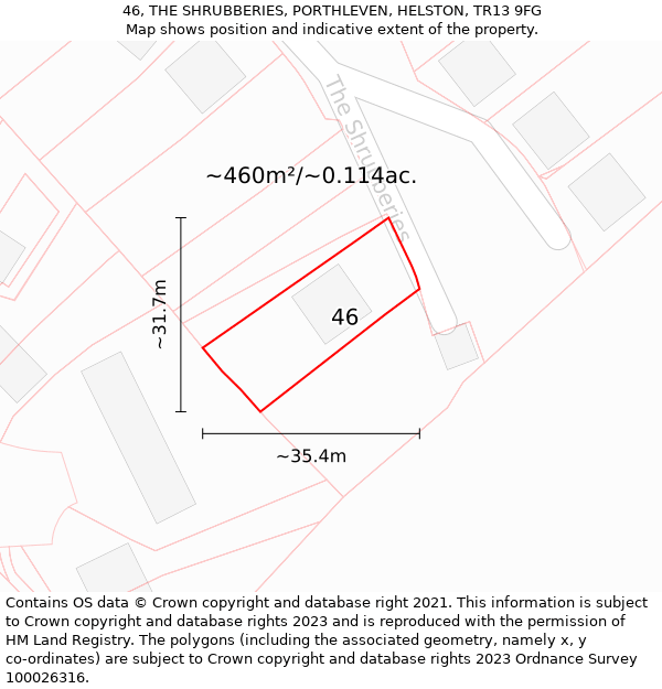 46, THE SHRUBBERIES, PORTHLEVEN, HELSTON, TR13 9FG: Plot and title map