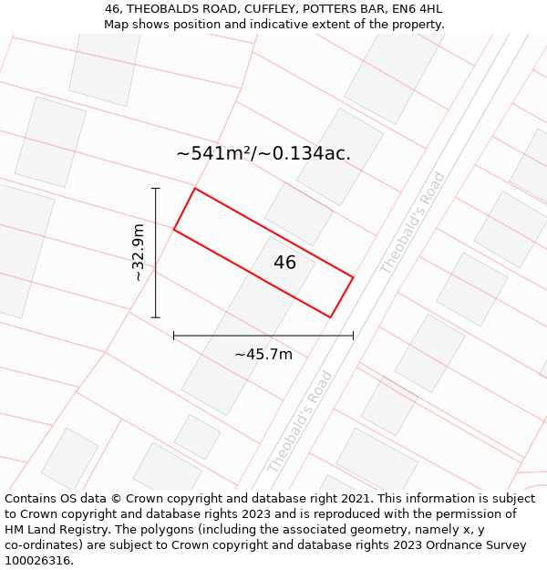 46, THEOBALDS ROAD, CUFFLEY, POTTERS BAR, EN6 4HL: Plot and title map