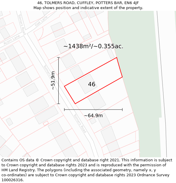 46, TOLMERS ROAD, CUFFLEY, POTTERS BAR, EN6 4JF: Plot and title map