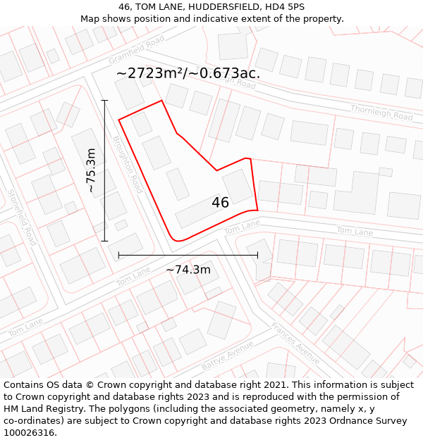 46, TOM LANE, HUDDERSFIELD, HD4 5PS: Plot and title map