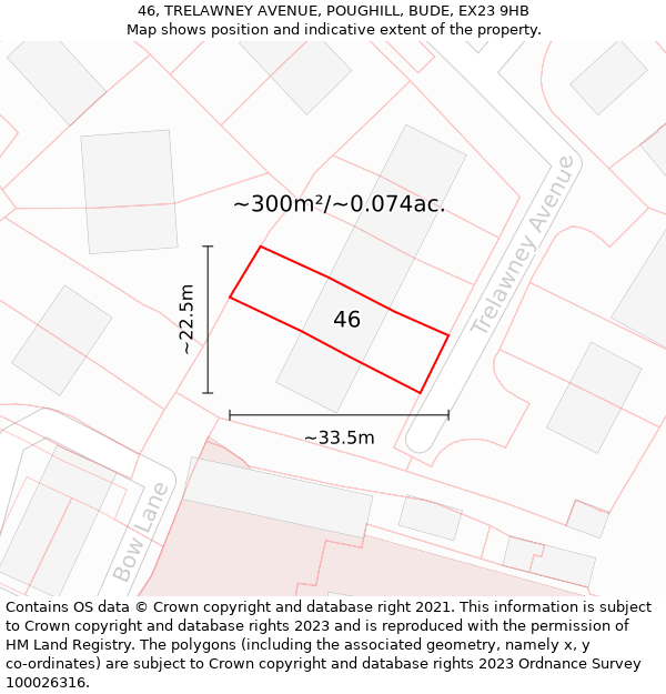 46, TRELAWNEY AVENUE, POUGHILL, BUDE, EX23 9HB: Plot and title map