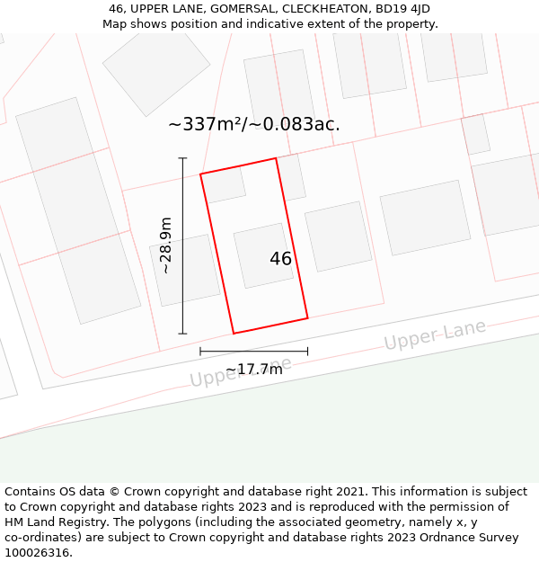 46, UPPER LANE, GOMERSAL, CLECKHEATON, BD19 4JD: Plot and title map