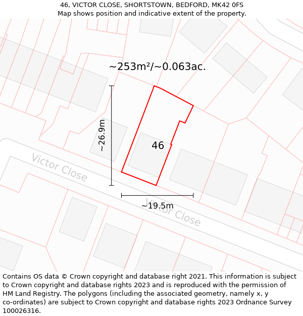 46, VICTOR CLOSE, SHORTSTOWN, BEDFORD, MK42 0FS: Plot and title map