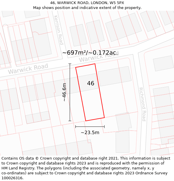 46, WARWICK ROAD, LONDON, W5 5PX: Plot and title map