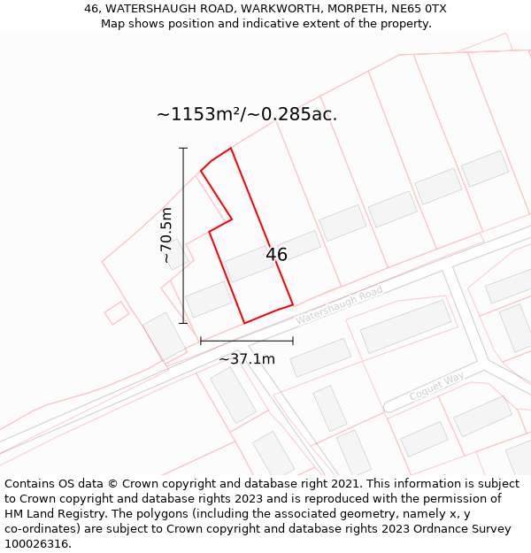 46, WATERSHAUGH ROAD, WARKWORTH, MORPETH, NE65 0TX: Plot and title map