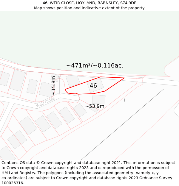 46, WEIR CLOSE, HOYLAND, BARNSLEY, S74 9DB: Plot and title map