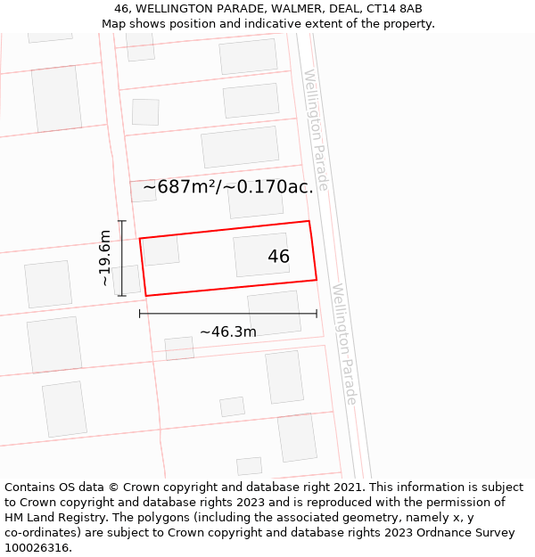 46, WELLINGTON PARADE, WALMER, DEAL, CT14 8AB: Plot and title map