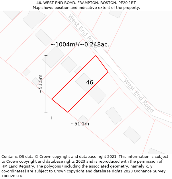 46, WEST END ROAD, FRAMPTON, BOSTON, PE20 1BT: Plot and title map