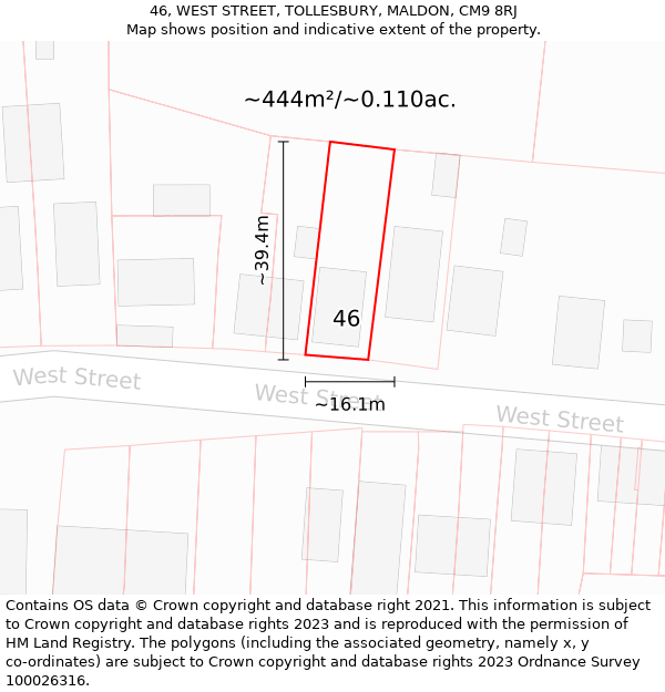 46, WEST STREET, TOLLESBURY, MALDON, CM9 8RJ: Plot and title map