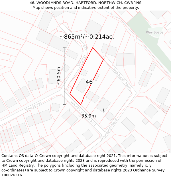 46, WOODLANDS ROAD, HARTFORD, NORTHWICH, CW8 1NS: Plot and title map