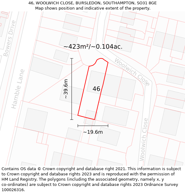 46, WOOLWICH CLOSE, BURSLEDON, SOUTHAMPTON, SO31 8GE: Plot and title map