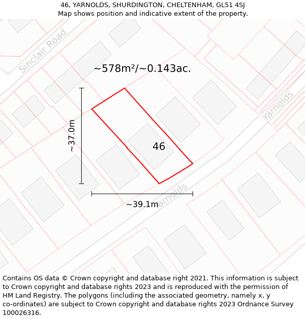 46, YARNOLDS, SHURDINGTON, CHELTENHAM, GL51 4SJ: Plot and title map