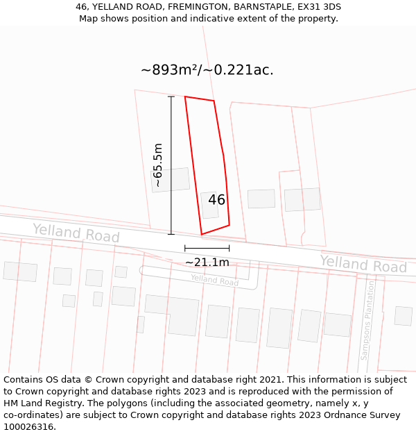 46, YELLAND ROAD, FREMINGTON, BARNSTAPLE, EX31 3DS: Plot and title map