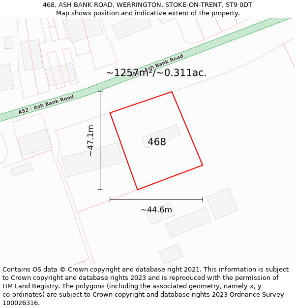 468, ASH BANK ROAD, WERRINGTON, STOKE-ON-TRENT, ST9 0DT: Plot and title map