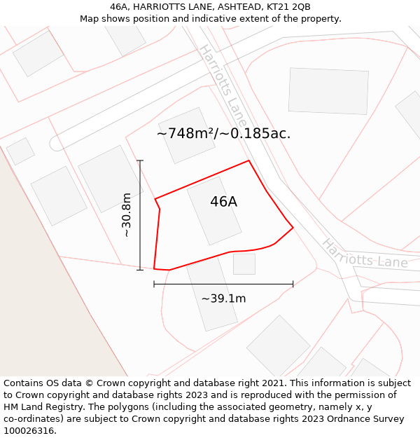 46A, HARRIOTTS LANE, ASHTEAD, KT21 2QB: Plot and title map