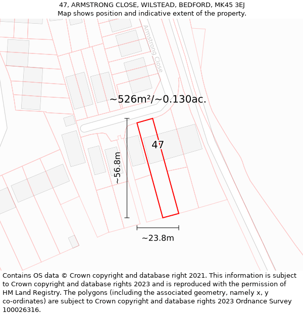 47, ARMSTRONG CLOSE, WILSTEAD, BEDFORD, MK45 3EJ: Plot and title map