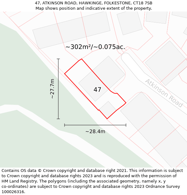 47, ATKINSON ROAD, HAWKINGE, FOLKESTONE, CT18 7SB: Plot and title map