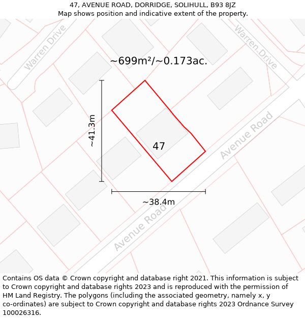 47, AVENUE ROAD, DORRIDGE, SOLIHULL, B93 8JZ: Plot and title map