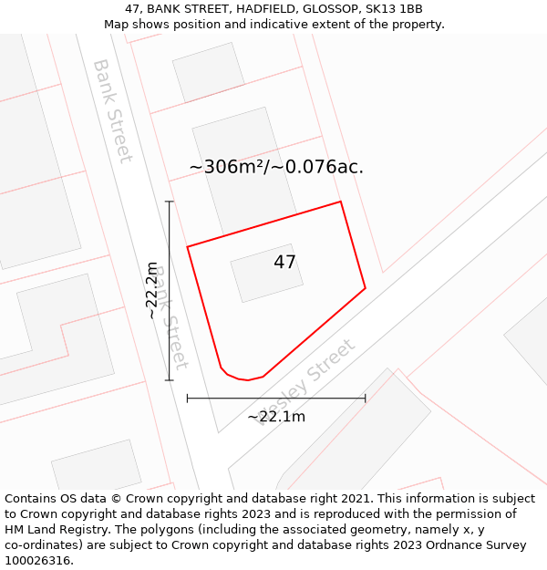 47, BANK STREET, HADFIELD, GLOSSOP, SK13 1BB: Plot and title map