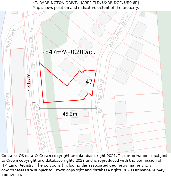 47, BARRINGTON DRIVE, HAREFIELD, UXBRIDGE, UB9 6RJ: Plot and title map